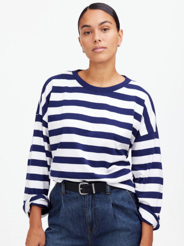 Madewell Oversized Long-Sleeve Striped Crewneck Tee | Size Xs